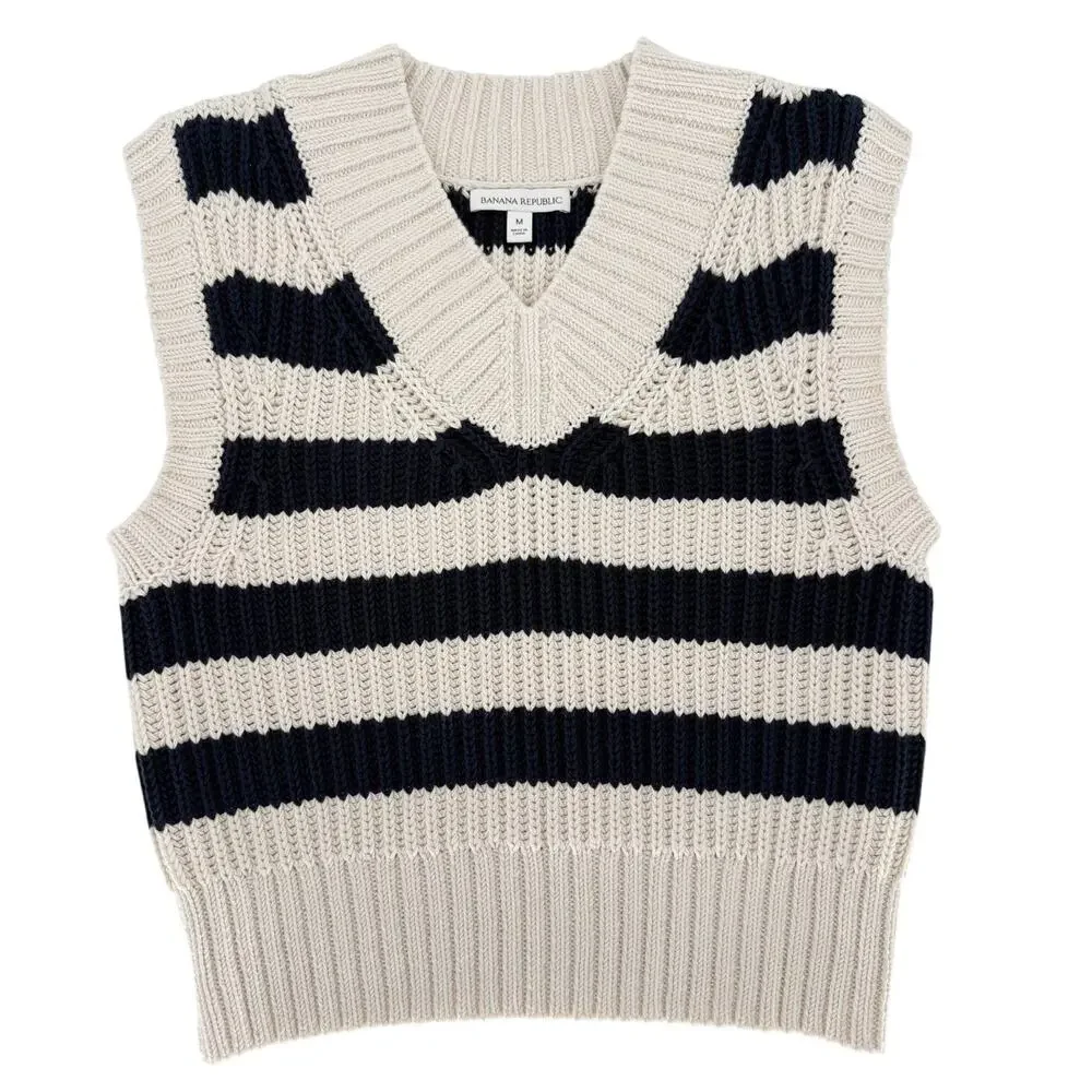 Banana Republic Cotton Cropped Sweater Vest Navy Blue Cream Stripe Size Medium - Picture 3 of 8